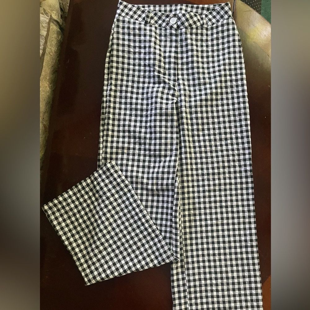 Checkered, black and white, straight legged pants